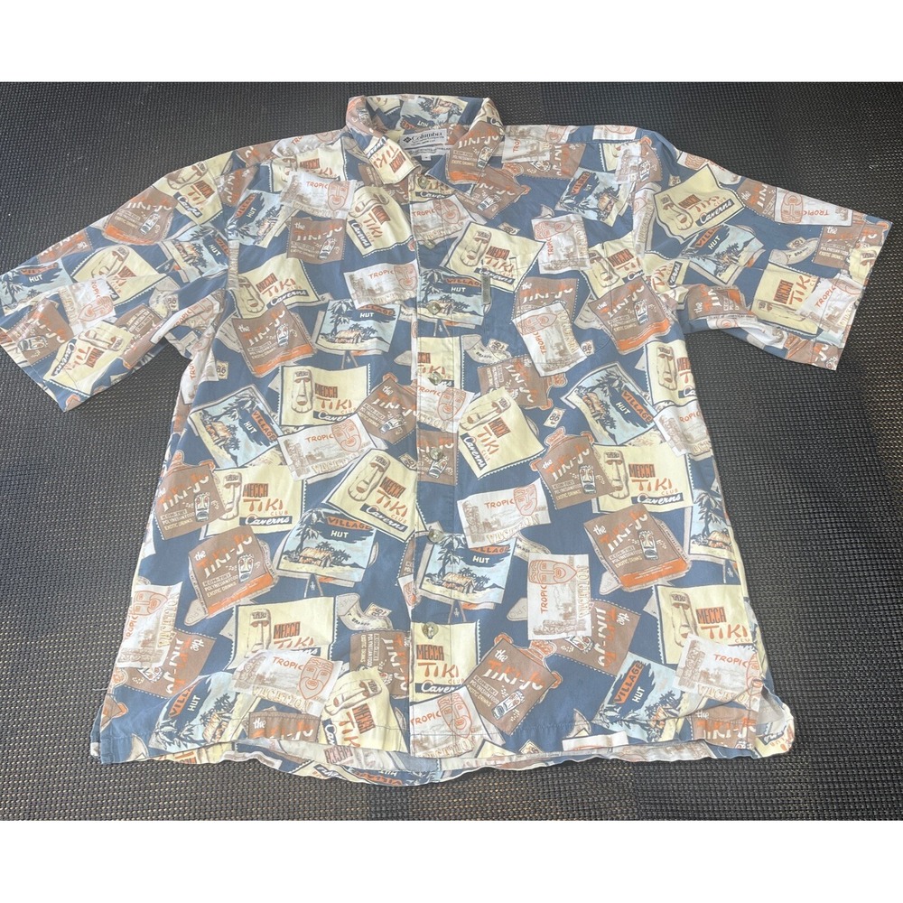 Columbia Shirt Adult M Short Sleeve Button Up‎ Cotton Tiki Vintage Mens 0938